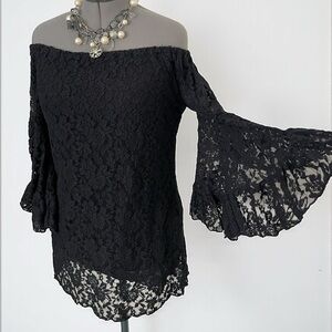 ELAN BLACK lace off shoulder dress NWT Large boho bell sleeve mini whimsigoth